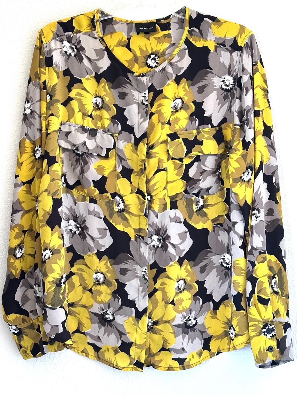 Who What Wear Yellow and Gray Floral Button-Up Blouse
